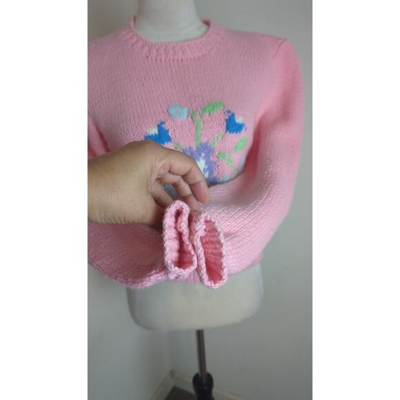 Vintage Cropped Hand Knit Sweater Balloon Sleeves Floral Design Women's Small - Picture 3 of 8
